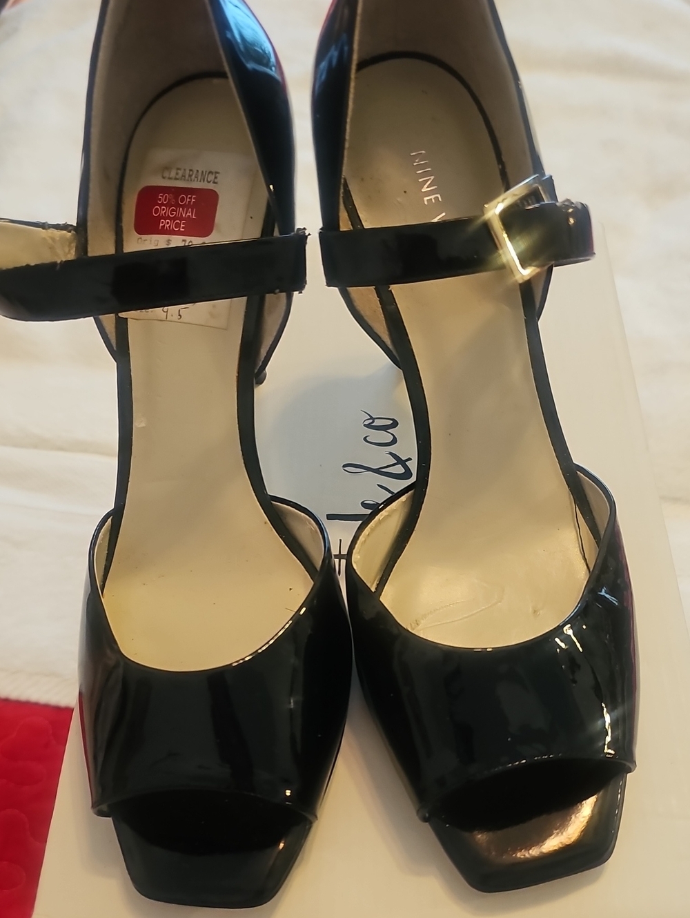 Nine West Black Patent Peep-Toe Mary Jane Heels with Buckle